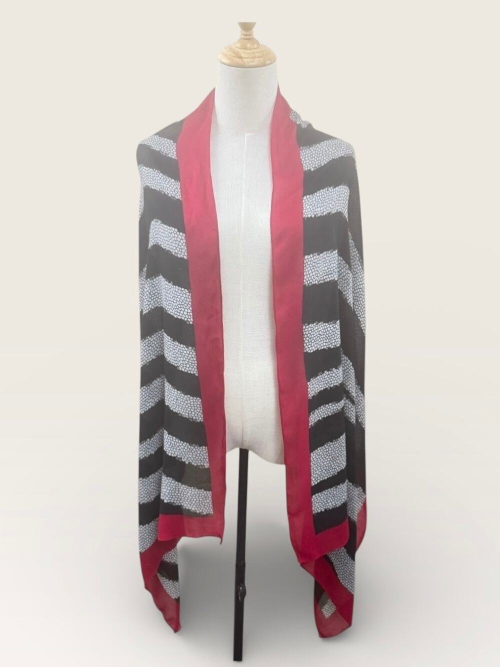 Black and White Stripe and Dot Pattern Scarf with Red Border, 70”